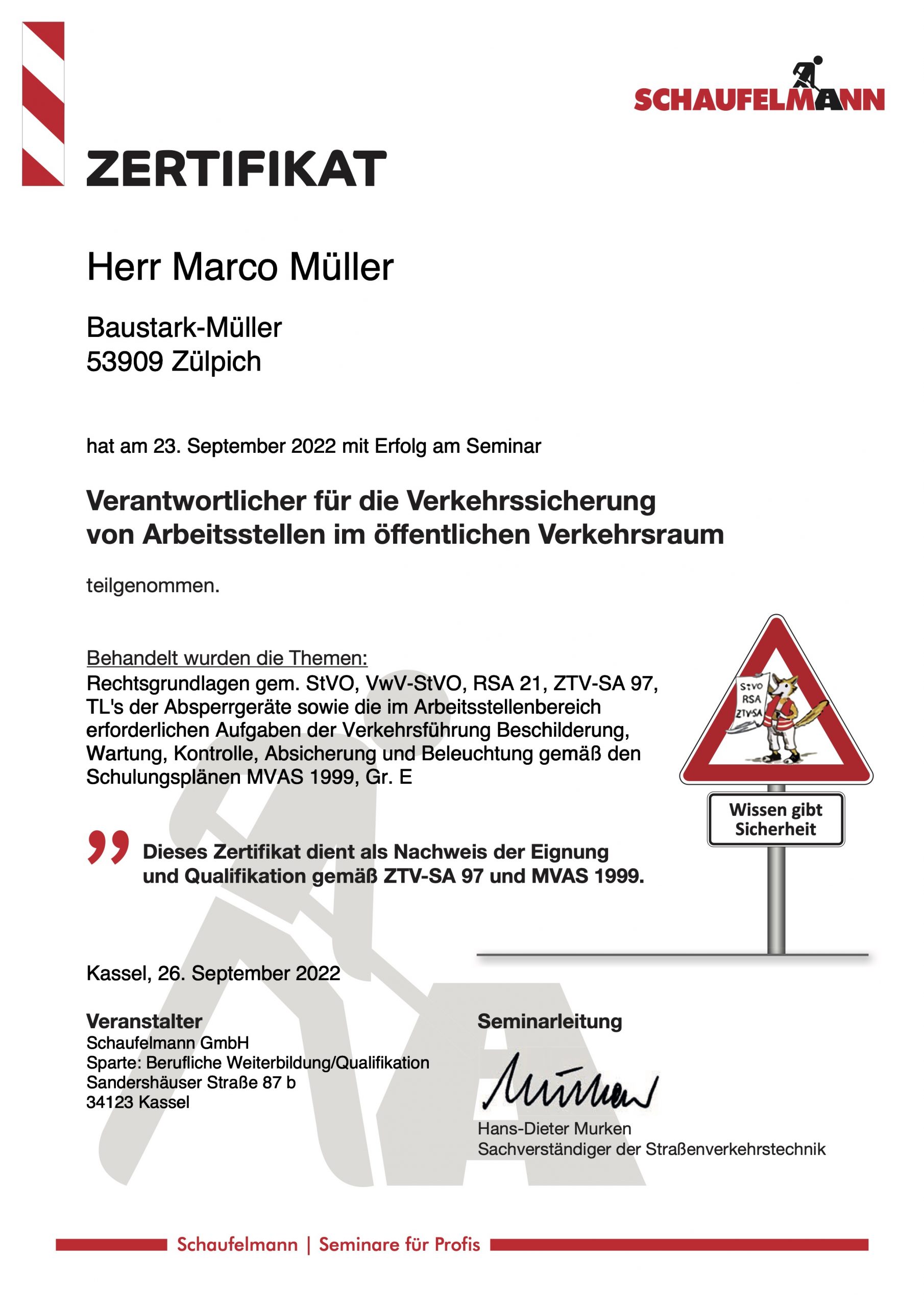 Zertifikat Verkehrssicherung von Arbeitsstellen 2022